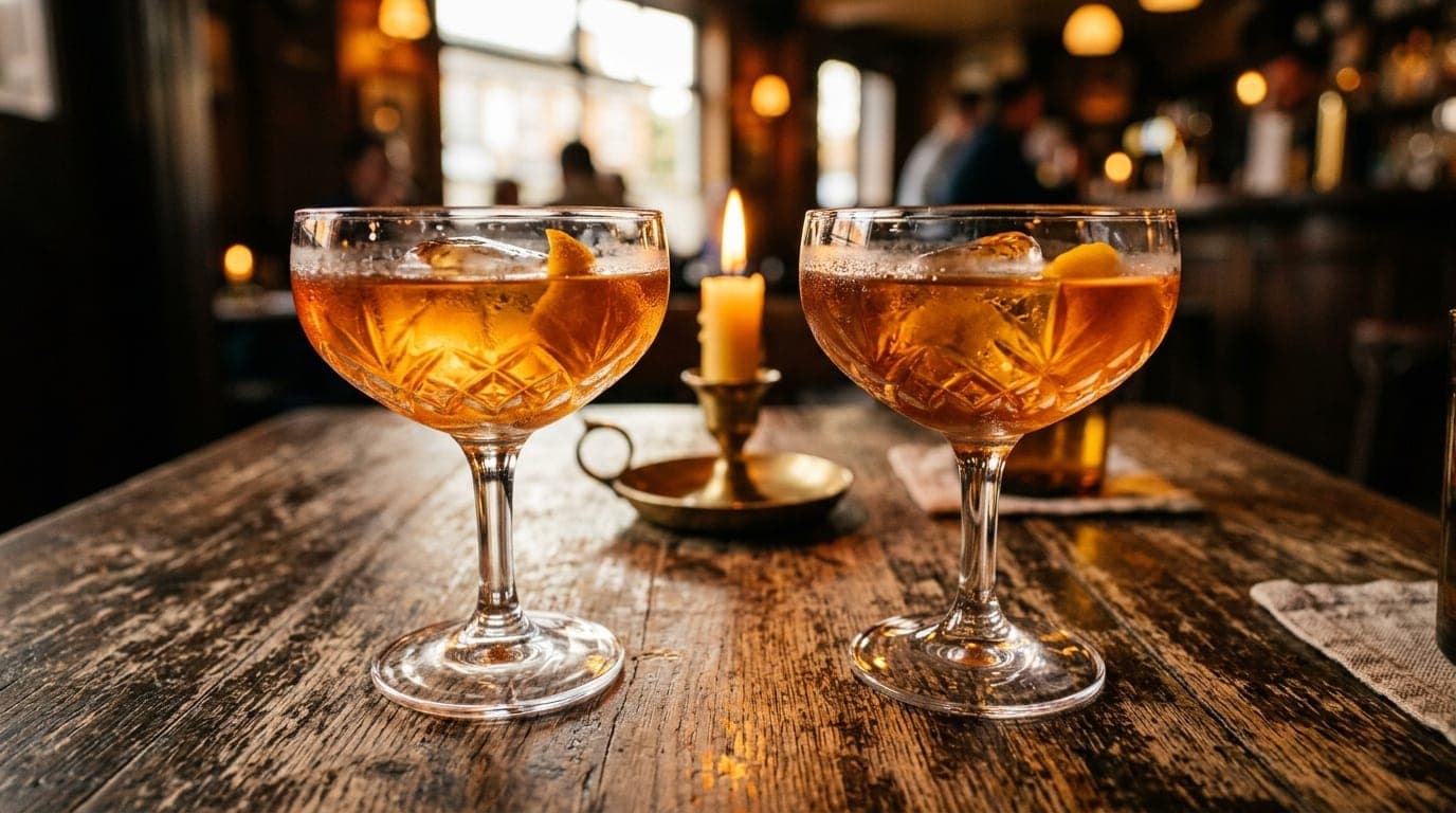 Extreme close-up macro, 24mm wide-angle. Two crystal coupes filled with amber cocktails sit on a weathered wooden table at...