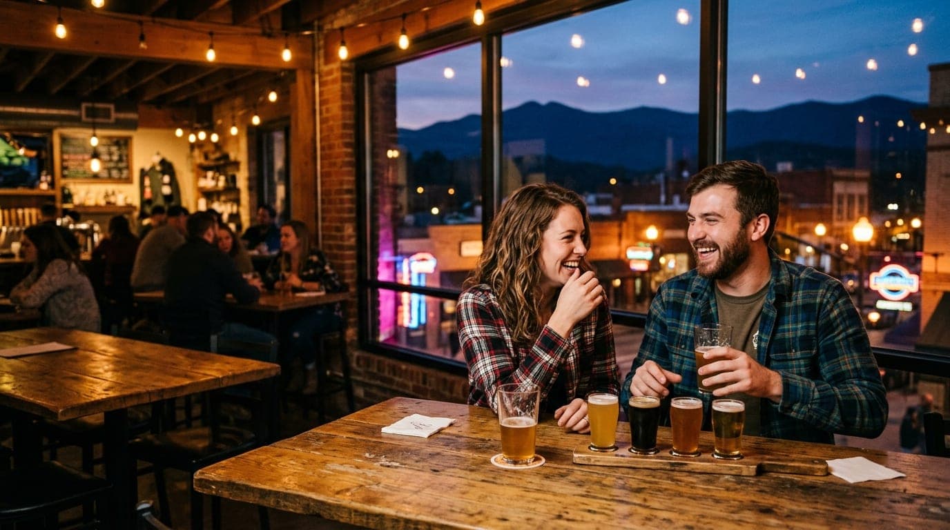 A wide shot captures a man and woman in flannel shirts laughing over a craft beer flight at a downtown brewery. Warm tungs...