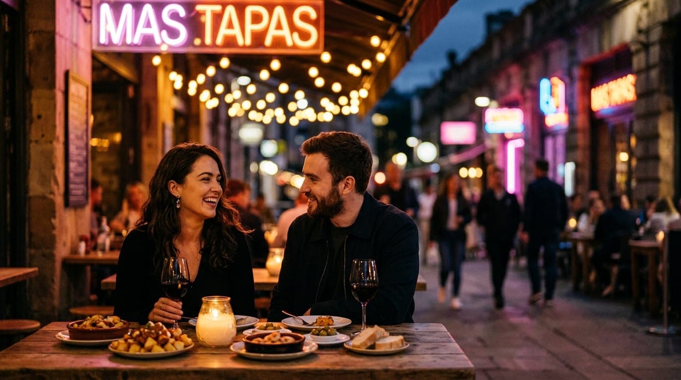 A couple sits at an outdoor Mas Tapas table, a shared plate of small tapas between them. Offset left, the warm glow of str...