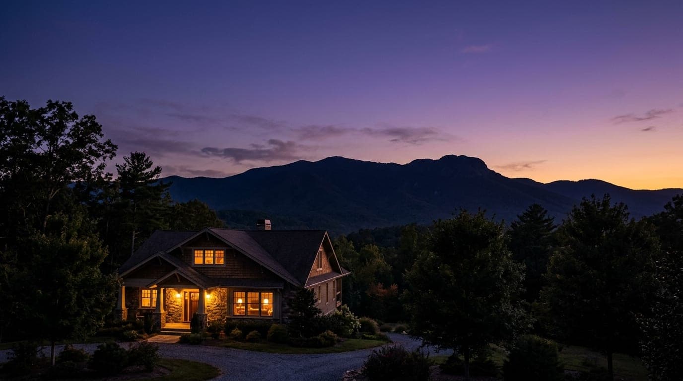 A wide establishing shot at dusk captures the glowing, warm tungsten windows of an upscale Belmont bungalow, nestled again...