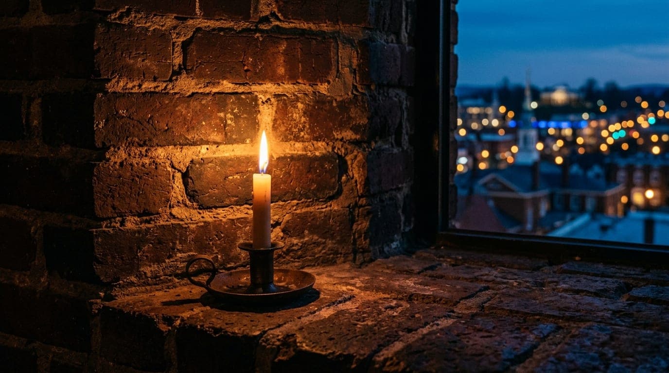 A medium shot, captured with a 100mm macro lens, focuses on a flickering candle illuminating a weathered brick wall inside...