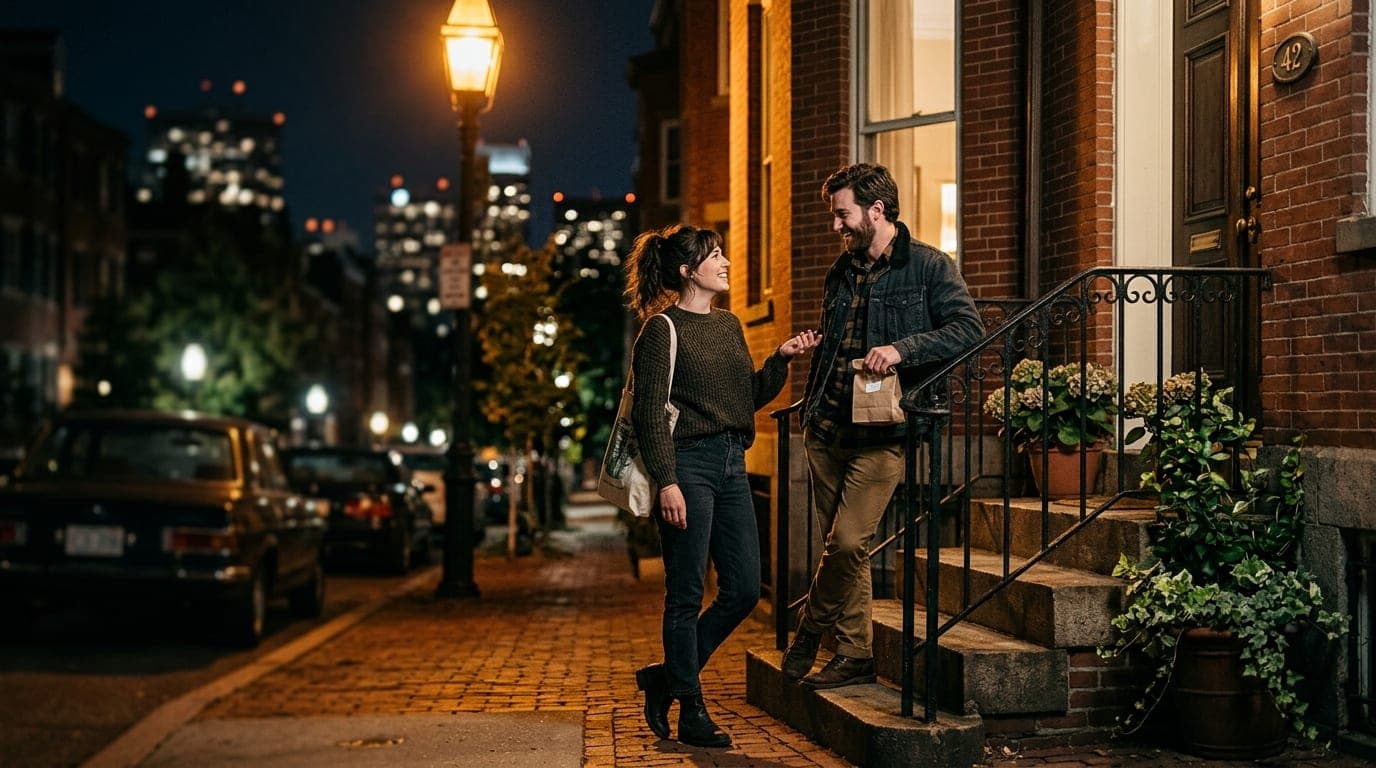 Low-angle hero shot of a couple standing on a Northshore brick stoop under amber streetlights. Tilt-shift focus blurs the...