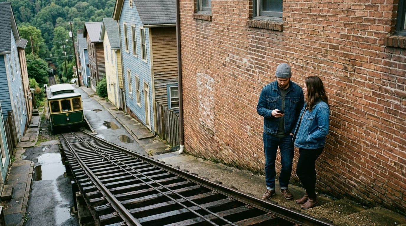 A 35mm documentary shot on an overcast morning in St. Elmo. A couple stands near the base of the Incline Railway, wearing...
