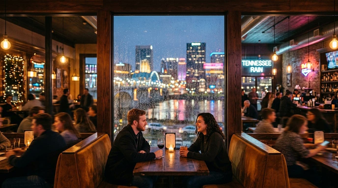 A man and a woman sit at a dimly lit, warm-toned booth inside a bustling downtown Chattanooga cafe, the glowing city skyli...