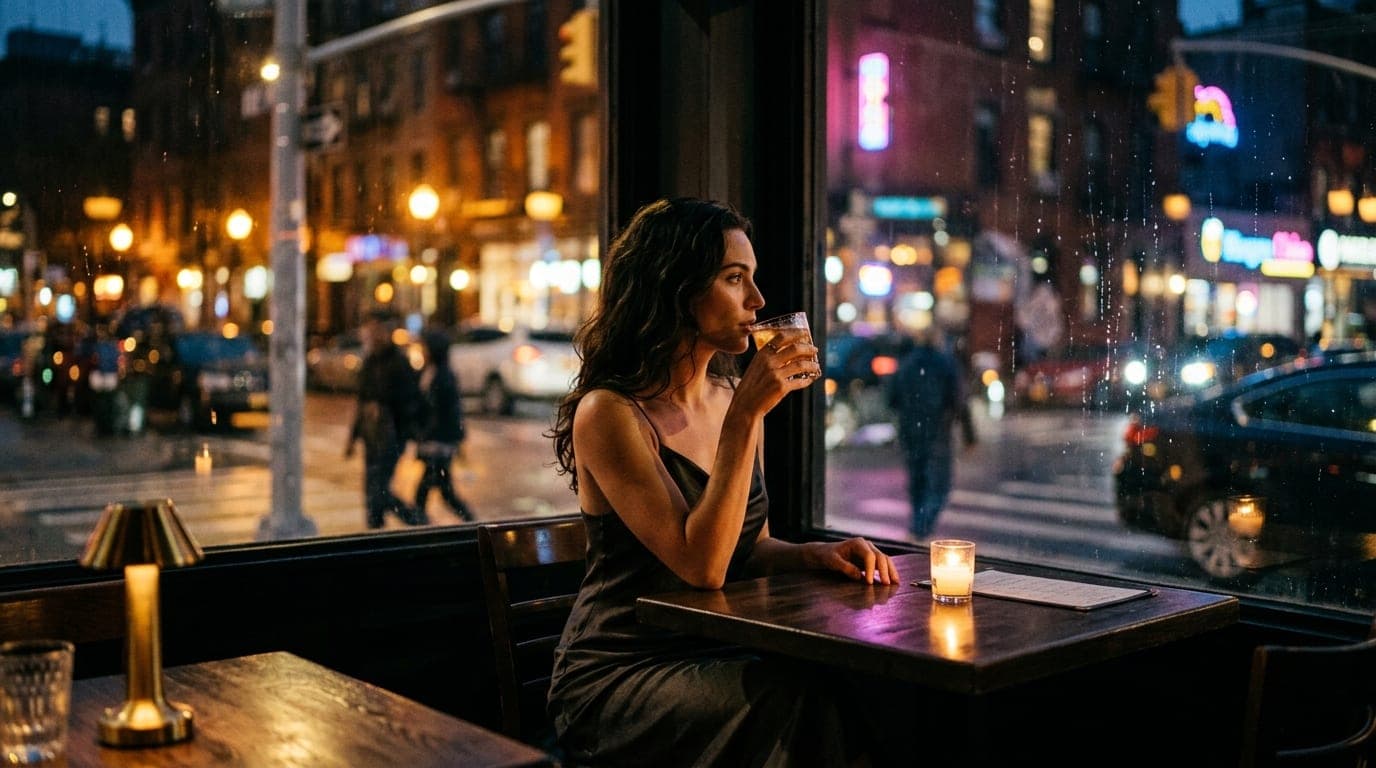 A woman in a silk slip dress sits at a wooden table inside The Flying Squirrel. Dim amber lighting highlights her profile;...