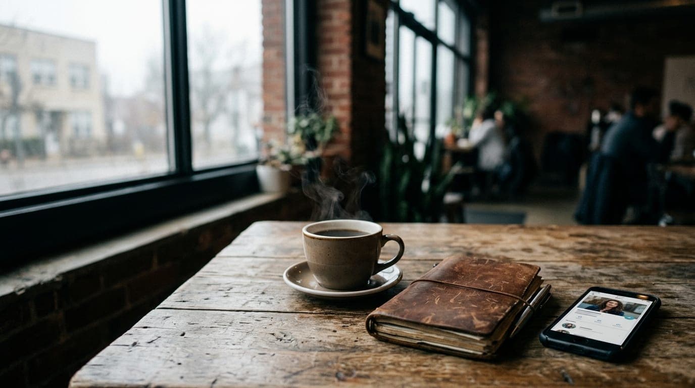 A close-up of a rustic wooden café table at noon. A steaming pour-over coffee sits beside a worn leather guidebook for Blu...