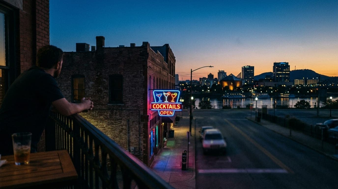 A hazy, blue-hour shot from an elevated Southside balcony, focusing on the vibrant neon signage of a hidden cocktail bar,...