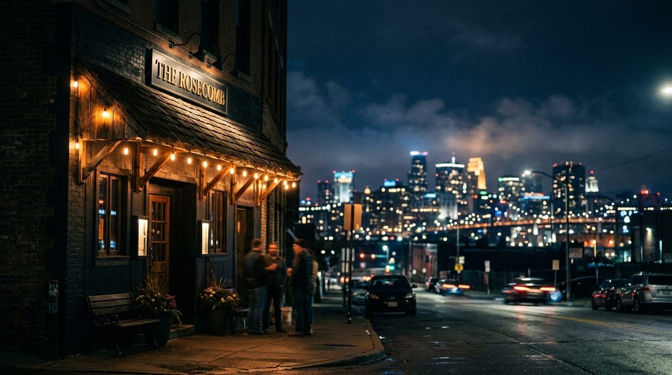 A low-angle, sharp-focus shot of The Rosecomb’s flickering string lights and dark exterior facade at midnight, offset left...