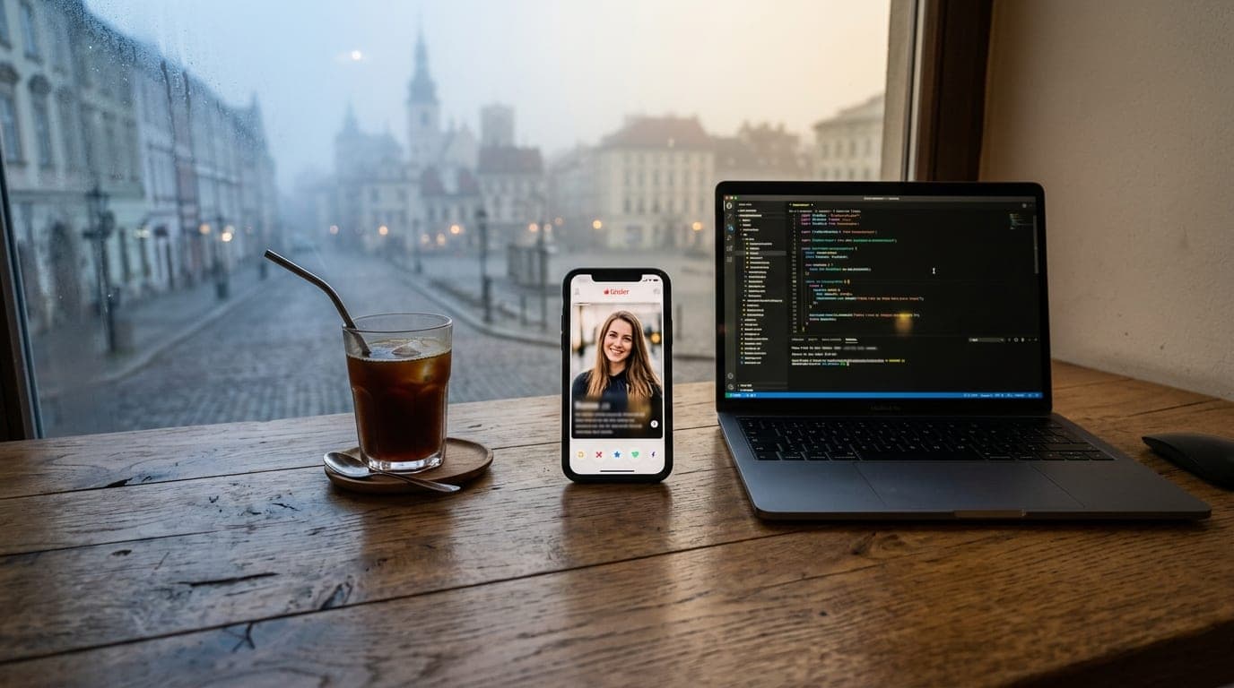 Overhead flat-lay on a wooden cafe table: a smartphone showing a Tinder profile, a laptop displaying code, and a cold drip...