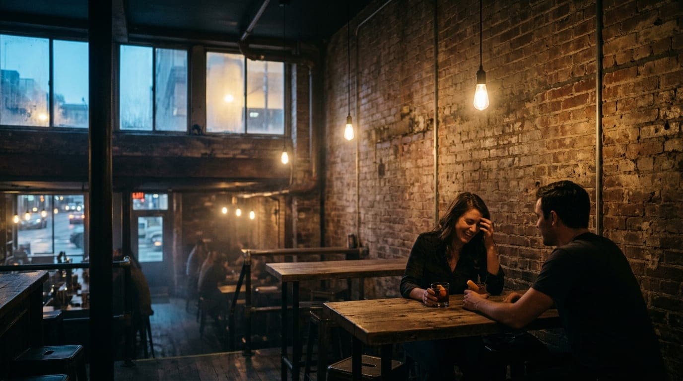 Wide shot, 35mm documentary style. A couple shares a craft cocktail in the dimly lit, industrial basement of The Bitter Al...