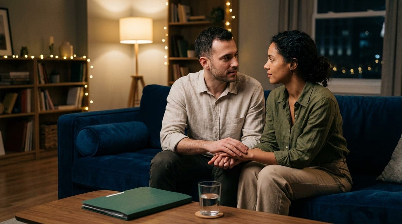 A couple in linen shirts sits on a velvet couch at night. They talk calmly, hands clasped. On the coffee table, a closed m...
