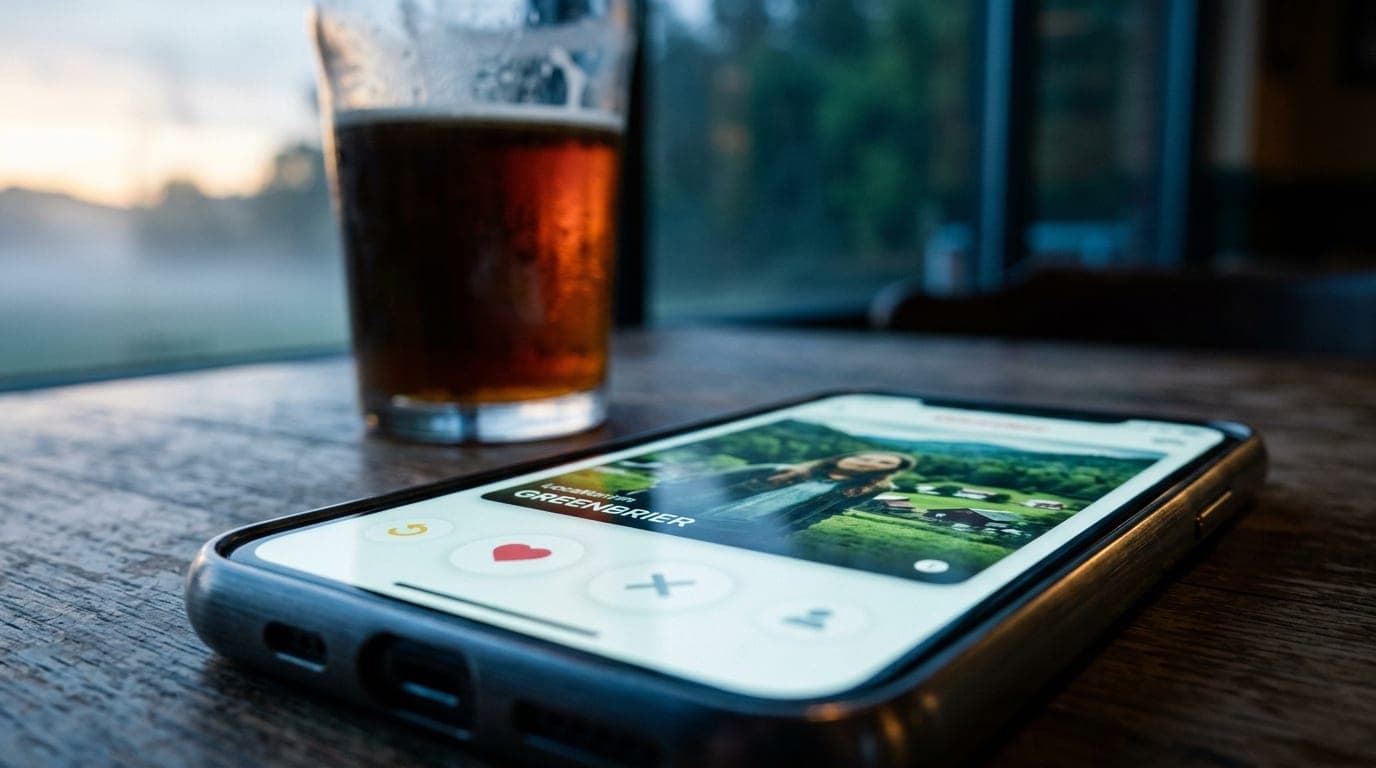Low-angle macro shot, filling the frame with a glowing smartphone screen showing a Tinder profile location set to Greenbri...