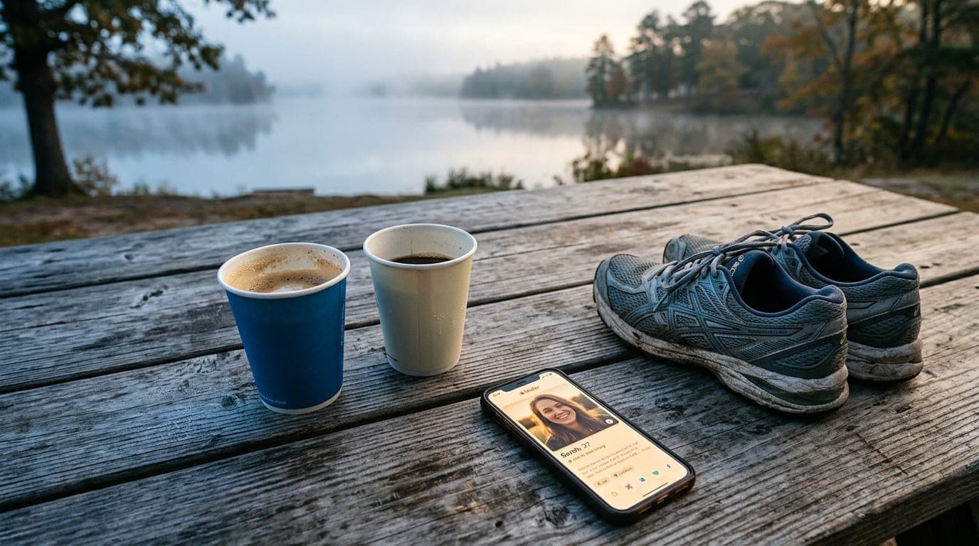 Overhead flat-lay on a weathered wooden picnic table at Oak Grove Lake Park, featuring two half-empty paper coffee cups, a...