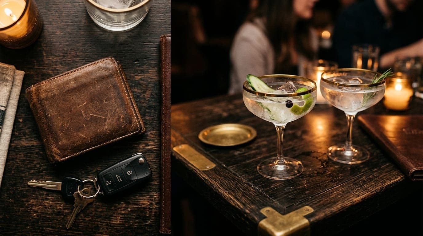 85mm portrait, shallow depth of field. An overhead flat-lay of a rugged leather wallet and a car key fob resting on a dark...