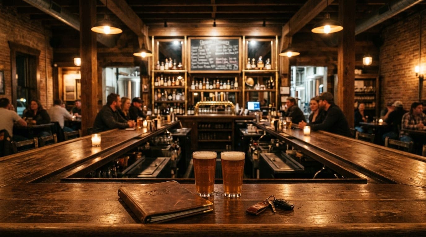 A symmetrical wide-angle shot of a rustic Cheyenne brewery bar at night. Two pints of amber craft beer sit on the wooden c...