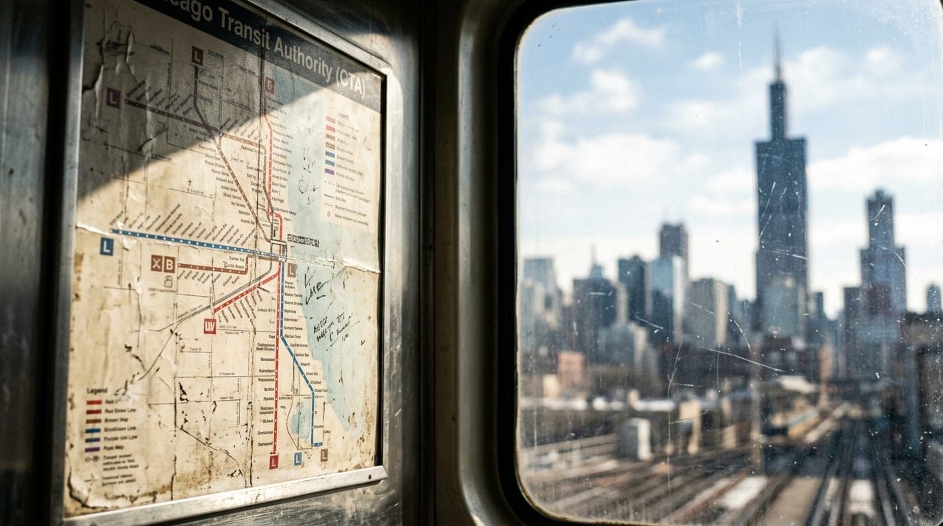 A weathered CTA train map glows under natural noon light hitting a window pane, with the distant, blurred Willis Tower ris...