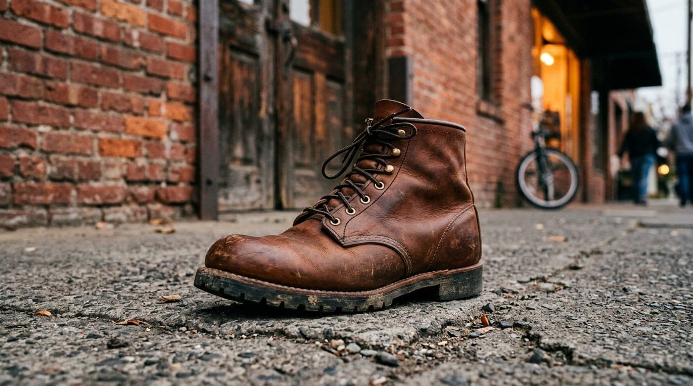 A low-angle hero shot of a polished leather boot resting on the cracked sidewalk of a historic Chico brick warehouse, illu...