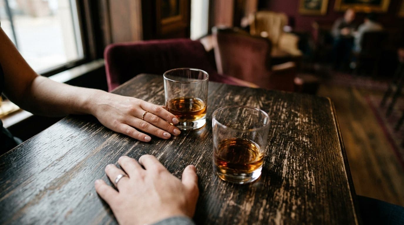 Tilt-shift selective focus captures two glasses of neat bourbon on a dimly lit, dark wood table at Hotel Diamond. A couple...