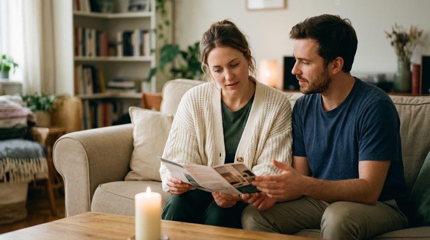 A woman in a soft knit cardigan and a man in a cotton tee sit on a neutral sofa. They hold a medical brochure, calmly disc...