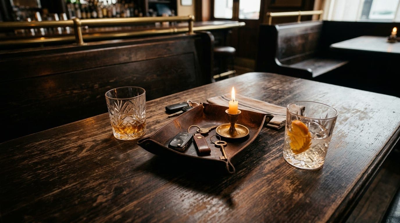 Overhead flat-lay on a dark wooden booth at an anonymous hotel bar. Two half-empty crystal glasses sit near a pair of car...