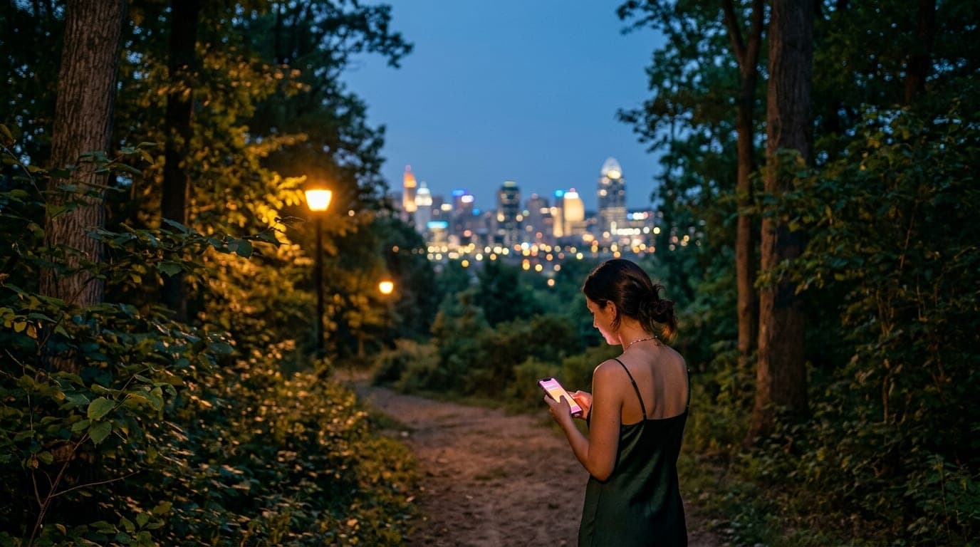 A woman in a silk slip dress stands on a leafy Mt. Airy Forest trail at blue hour, looking at her glowing phone screen; th...