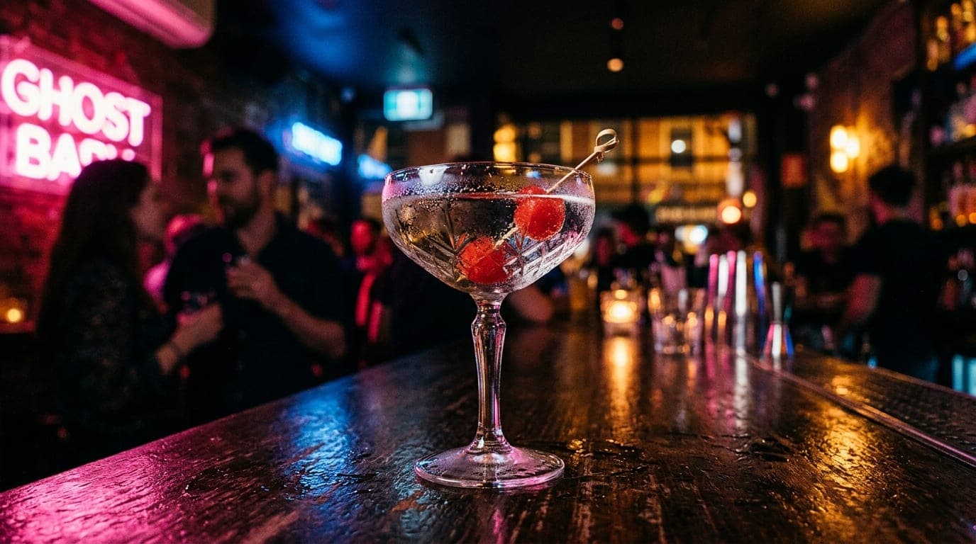 A low-angle 100mm macro shot captures a chilled crystal coupe glass containing a bright cherry garnish, sitting on a dark,...