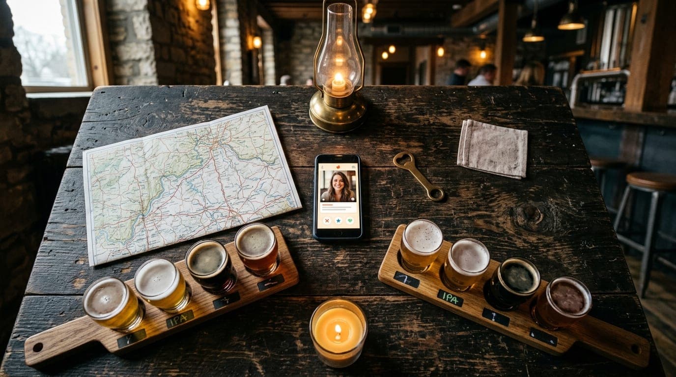 Overhead flat-lay of a smartphone displaying a Tinder profile next to a map of Northern Kentucky and two craft beer flight...