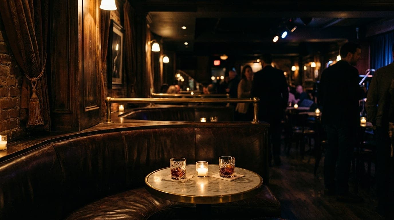 A wide shot inside a moody, underground jazz lounge. A solitary leather booth sits in the lower third, holding two crystal...