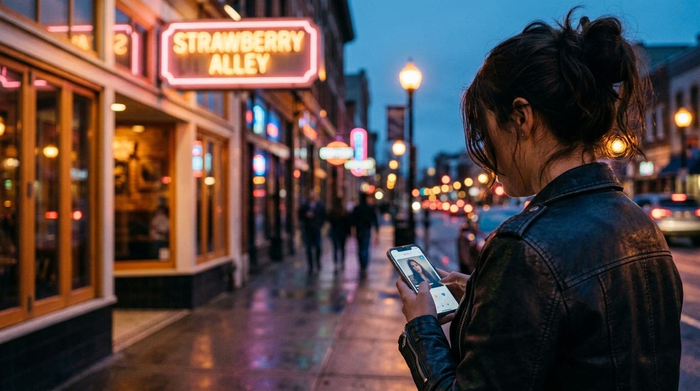 Over-the-shoulder shot, blue hour. A woman in a leather jacket checks a verified dating app on her phone while standing ne...