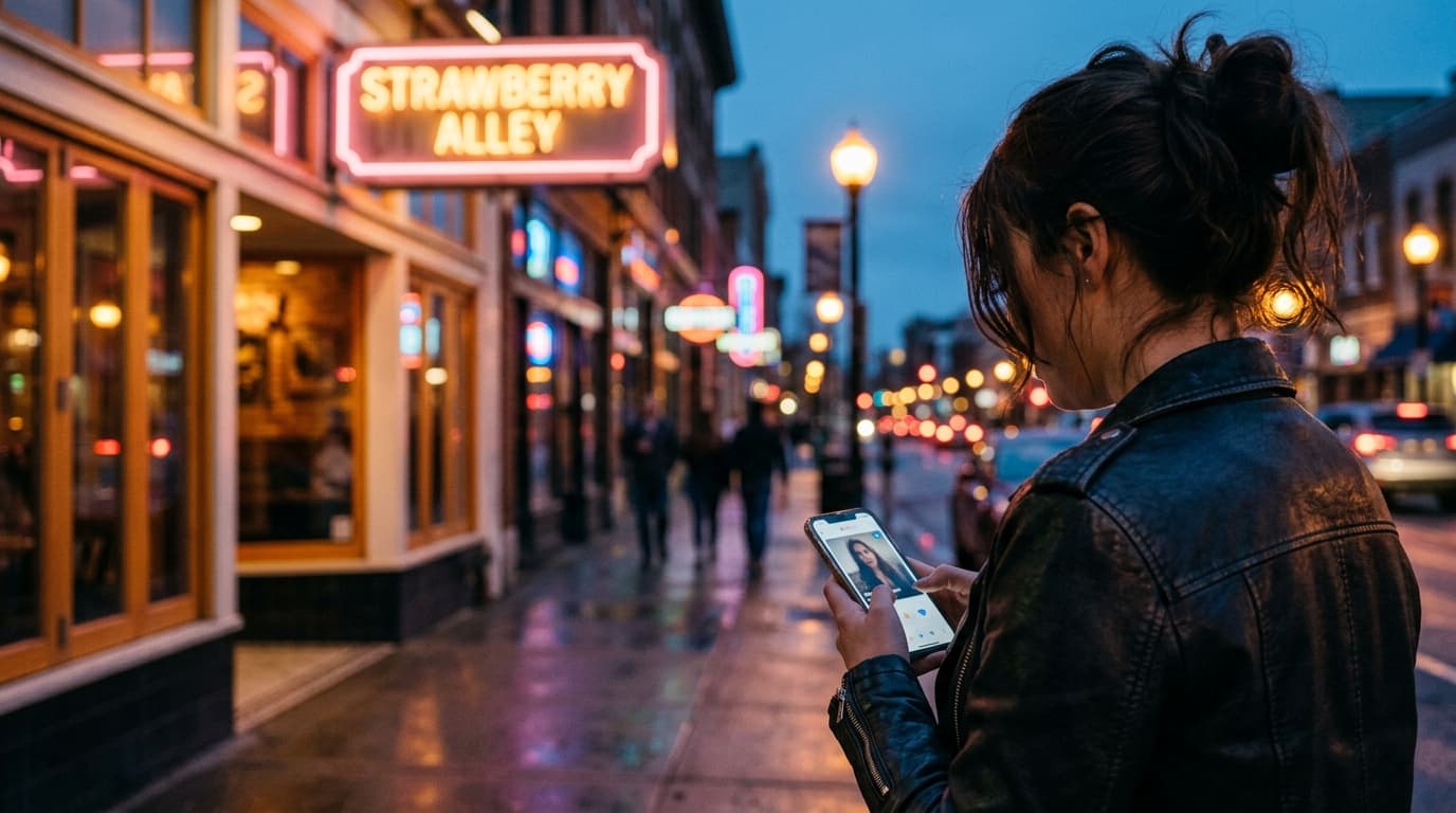 Over-the-shoulder shot, blue hour. A woman in a leather jacket checks a verified dating app on her phone while standing ne...