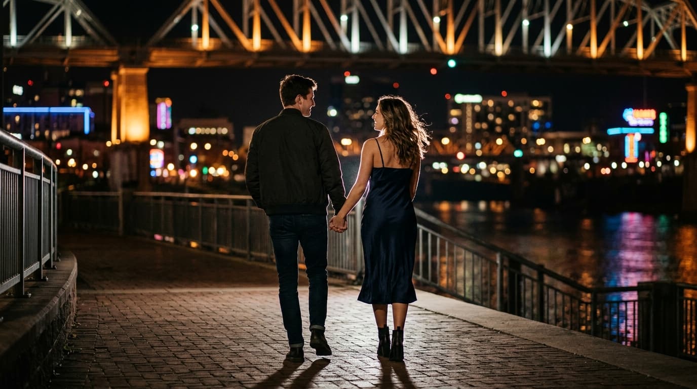 A low-angle 85mm shot shows a couple walking along the Clarksville Riverwalk at midnight. The man in a dark bomber jacket...