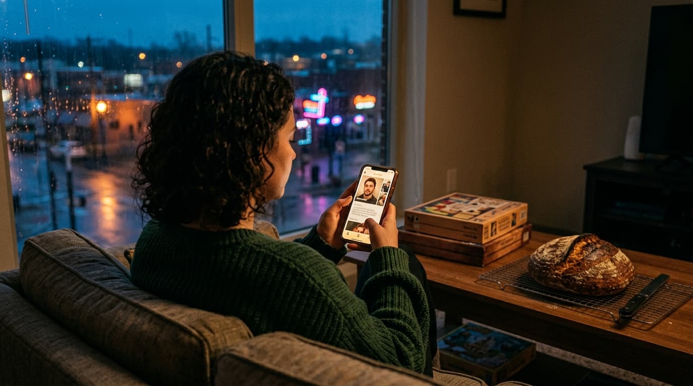 A person sits in a dim Clarksville apartment at 8:00 PM Sunday, illuminated by a glowing smartphone screen showing a Bumbl...