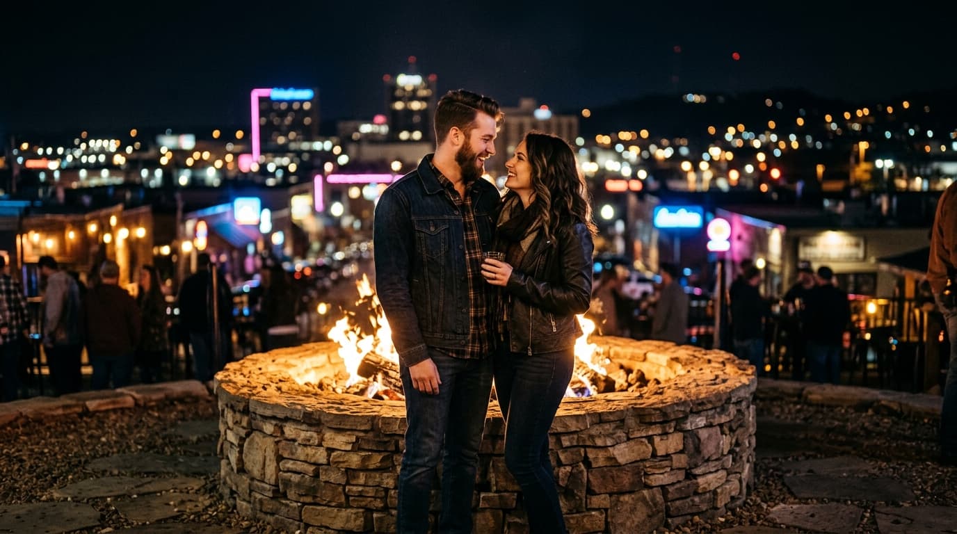 Low-angle hero shot of a couple standing by a crackling stone fire pit at The Mailroom. Behind them, blurred Clarksville c...