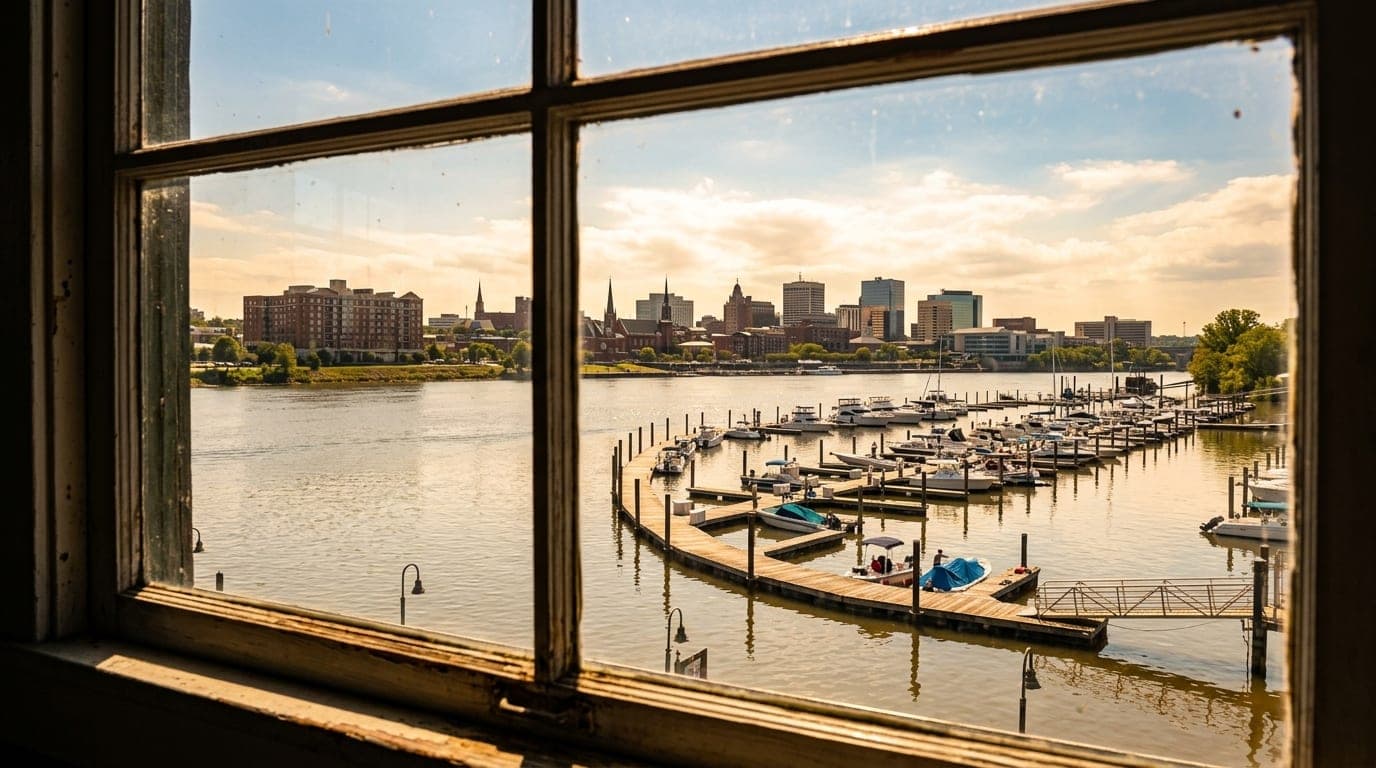 A sun-drenched view of the Clarksville Marina’s winding docks at noon, captured through a window frame, showing calm Cumbe...