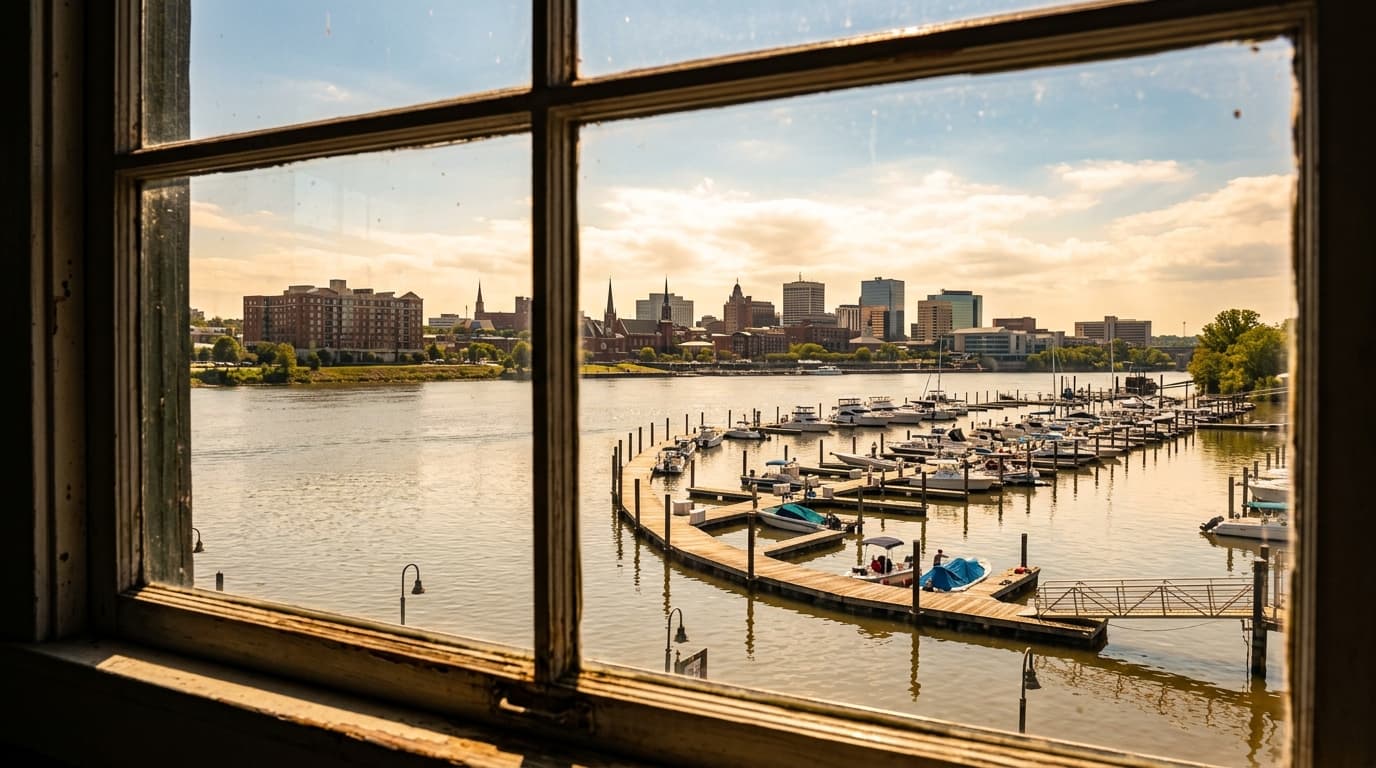 A sun-drenched view of the Clarksville Marina’s winding docks at noon, captured through a window frame, showing calm Cumbe...