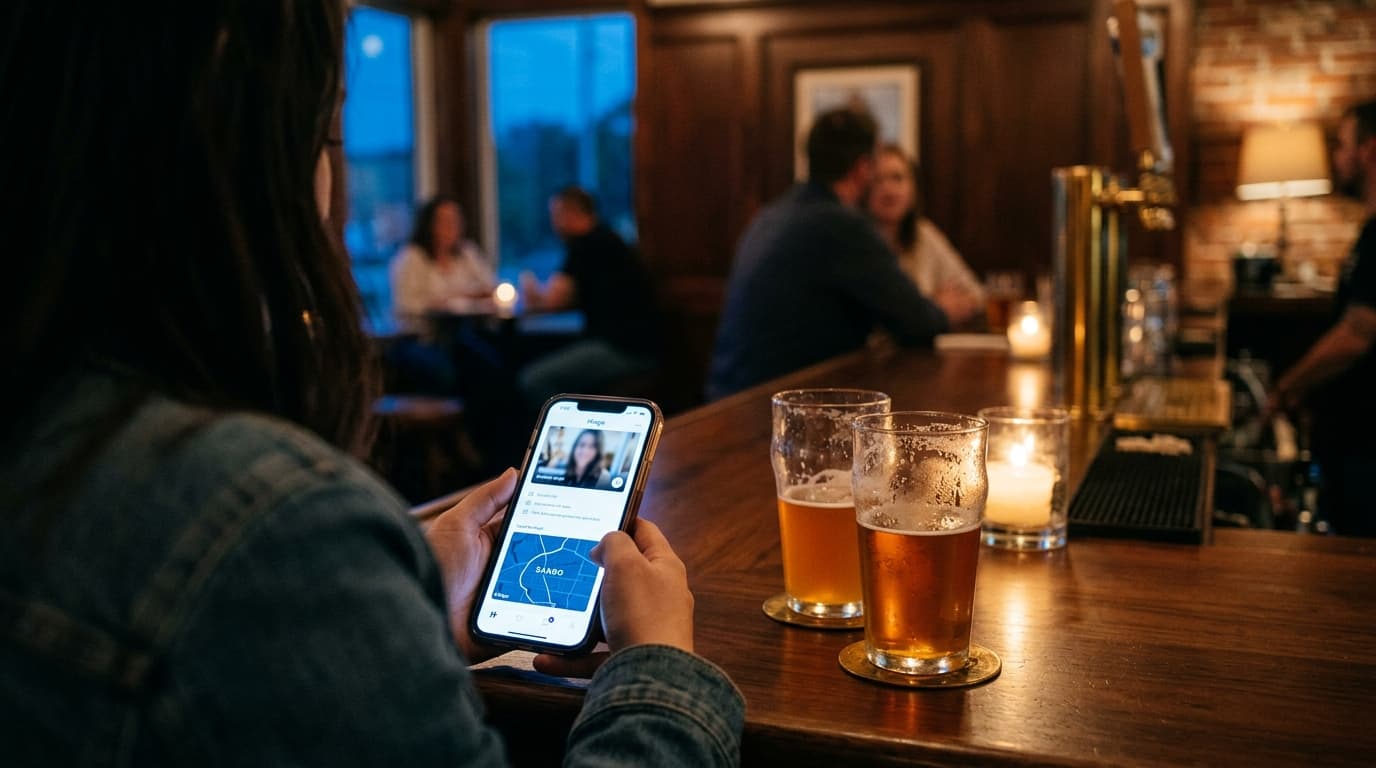 Over-the-shoulder view at a dimly lit downtown Clarksville bar. A glowing smartphone screen displays a Hinge profile showi...