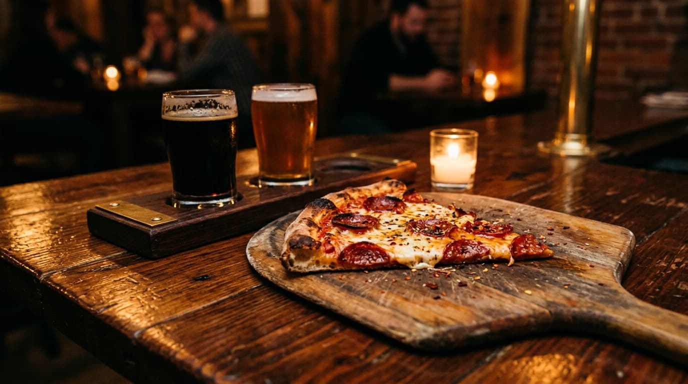 A low-angle macro shot inside a dim brewery. A polished wooden tabletop holds a wooden pizza paddle with a single slice of...