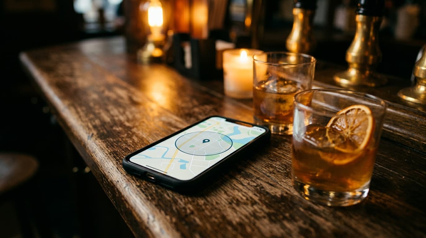 Extreme macro shot of a smartphone screen displaying a Clarksville Tinder profile map with a fifteen-mile radius circle, r...