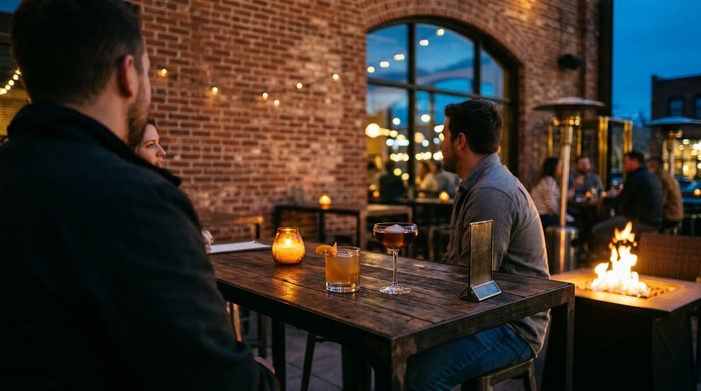 Over-the-shoulder view from a high-top table at The Mailroom. Two craft cocktails sit near a flickering outdoor fire pit,...