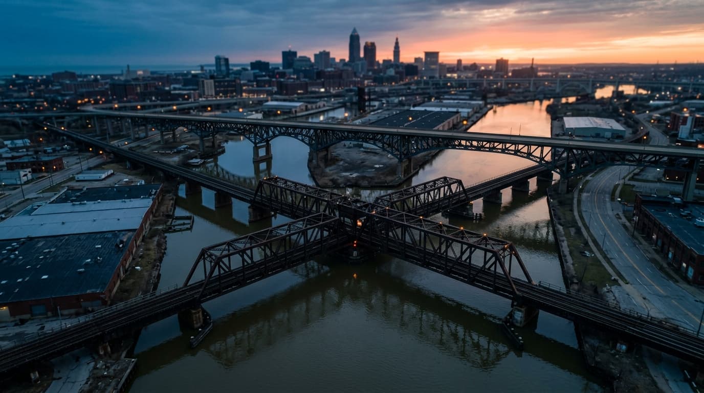 An overhead flat-lay view of the Cleveland bridge structures at dawn, captured with a 24mm wide-angle lens. The compositio...