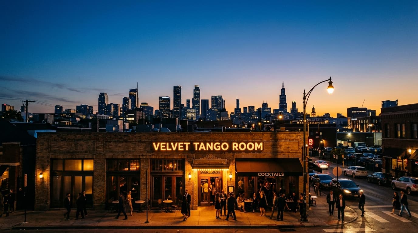 The historic brick facade of the Velvet Tango Room glows under dim streetlamps at dusk. A warm tungsten light spills from...