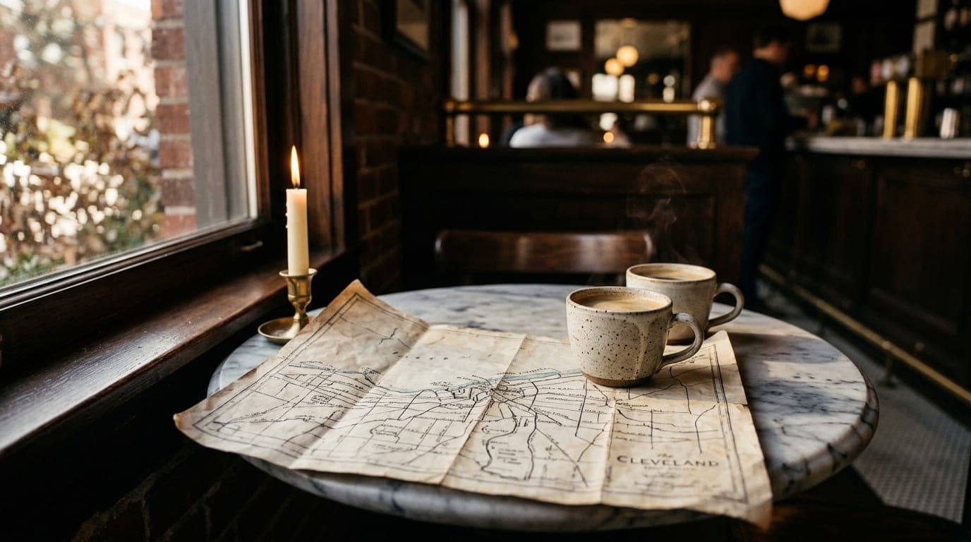A close-up of a weathered, handwritten map of Cleveland resting on a marble bistro table. Two steaming cups of Sunday brun...