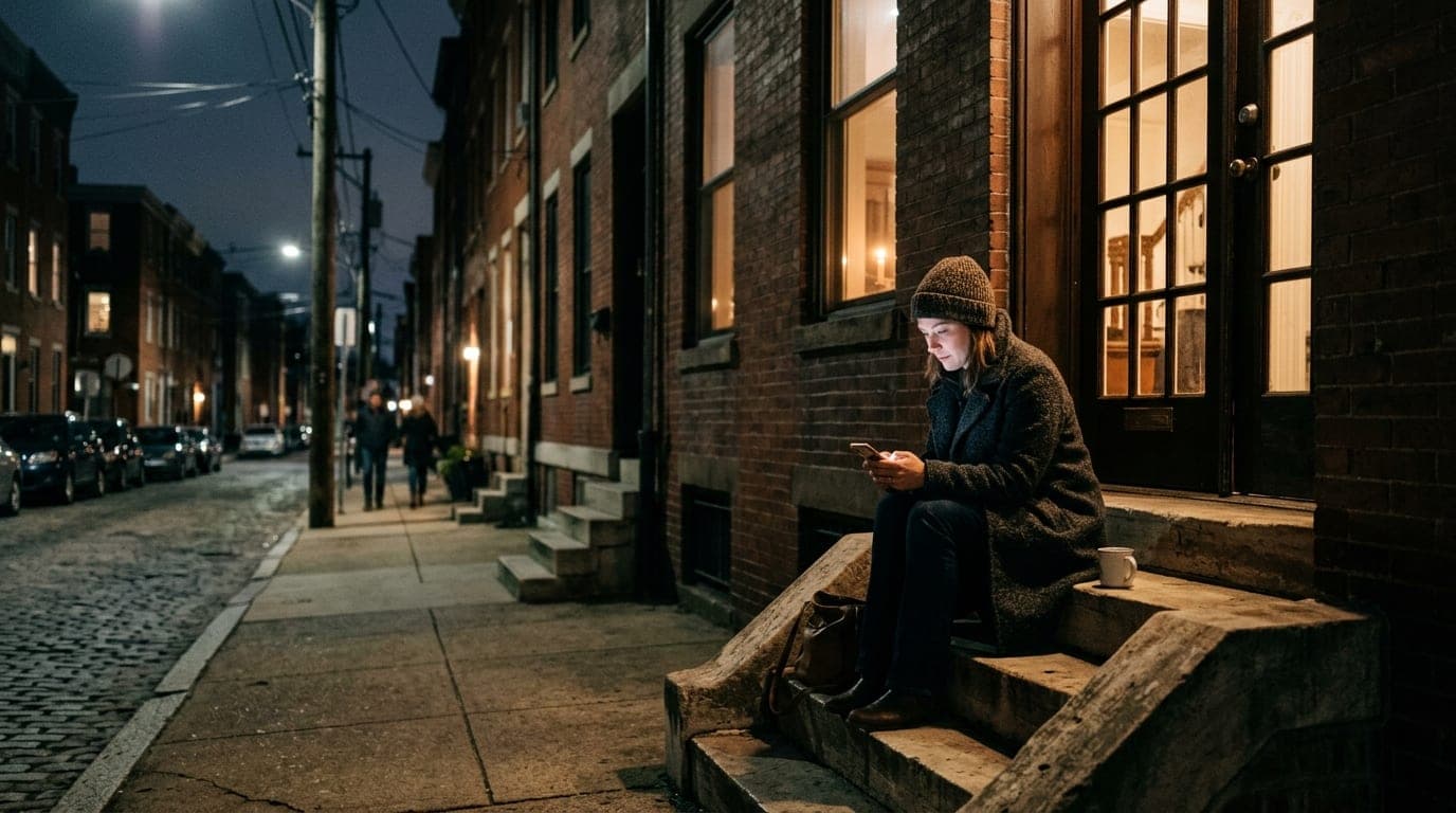 A medium shot captures a woman in a heavy wool coat, face glowing from her smartphone screen, sitting on a worn Tremont st...
