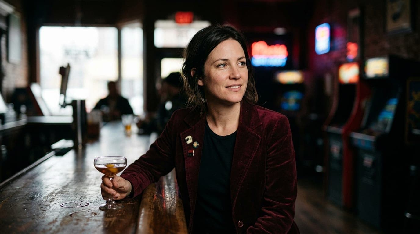 An 85mm portrait, offset left, shows a woman in a vintage velvet blazer holding a cocktail glass at a dimly lit bar, neon...
