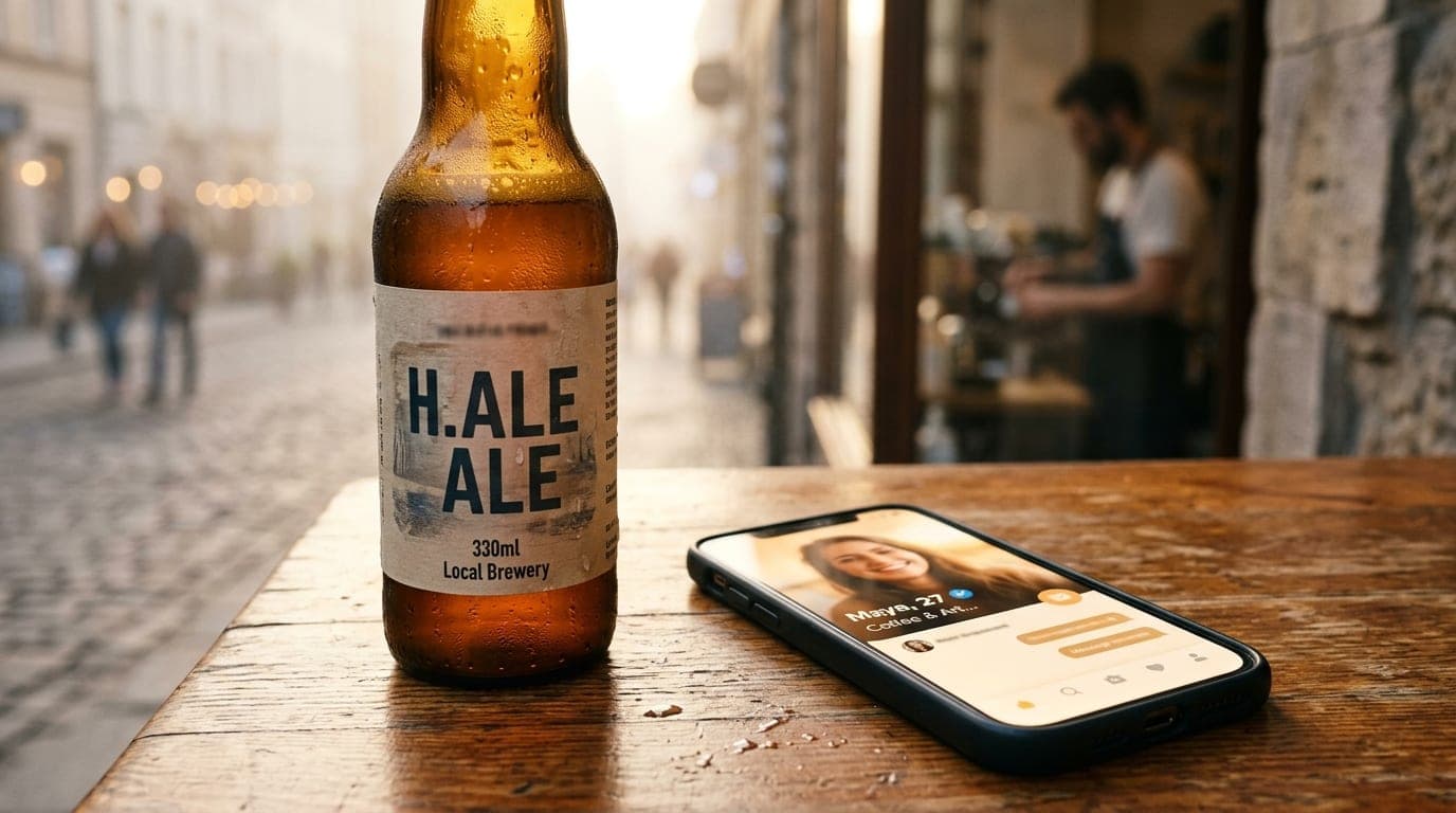 A close-up, 100mm macro shot captures a chilled bottle of local craft beer resting on a warm, sun-drenched wooden cafe tab...