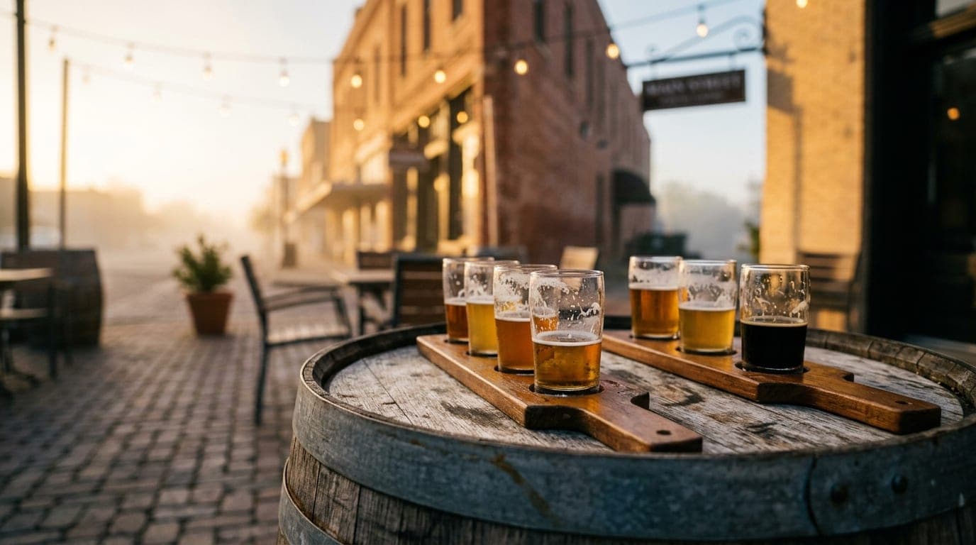 Golden hour light hits two half-filled craft beer flights on a weathered outdoor wooden barrel in Downtown Bryan, with a b...