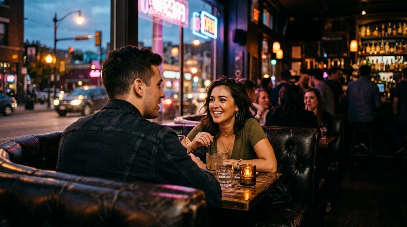 A couple sits in a leather booth at The 101, bathed in low amber light. An over-the-shoulder perspective captures their in...