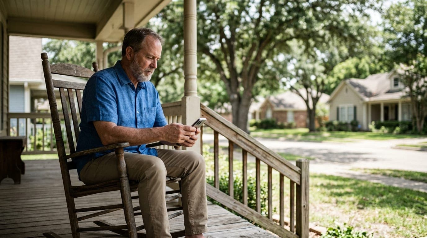 Low-angle hero shot, 85mm. A man in a tailored linen shirt sits on a quiet South College Station porch at noon. He holds a...