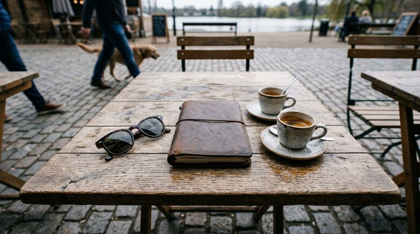Overhead flat-lay, overcast morning. A worn leather date planner, a pair of dark sunglasses, and two ceramic espresso cups...