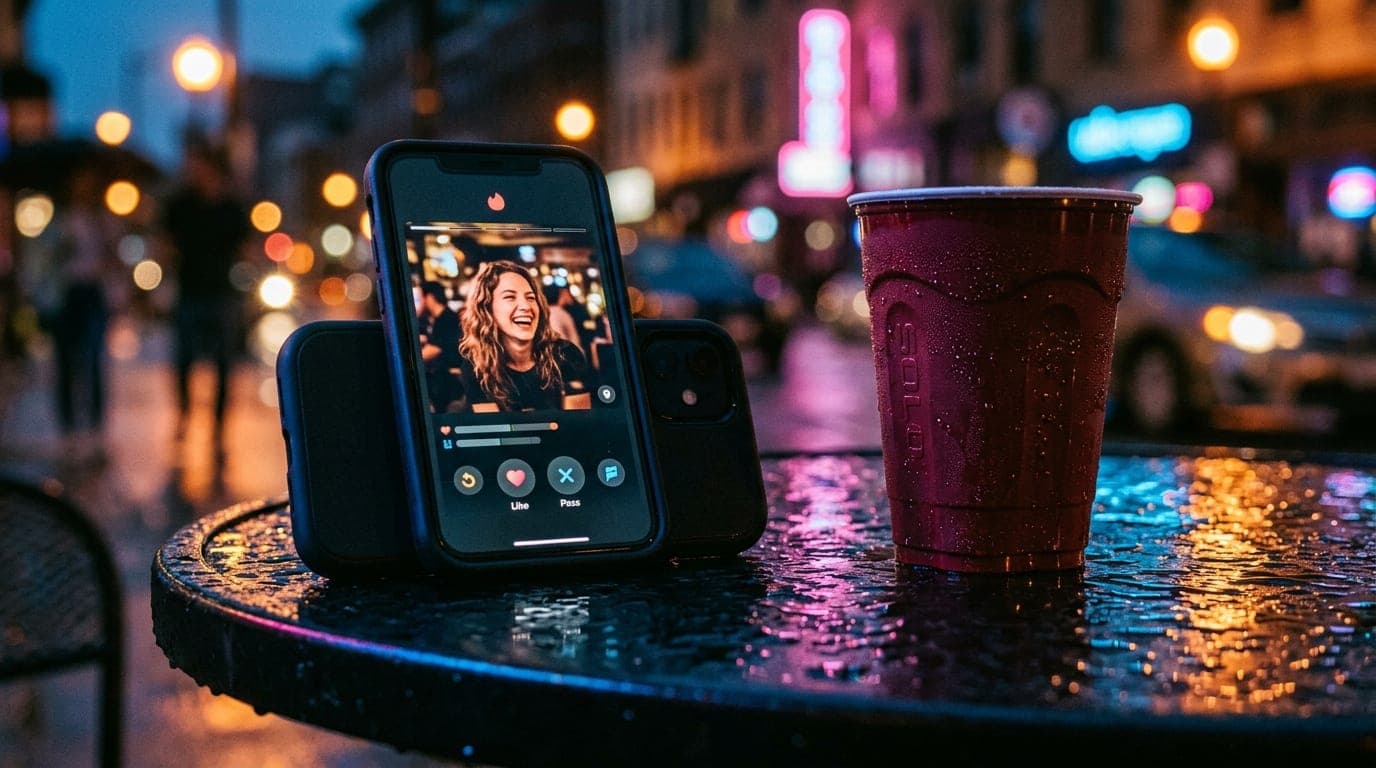 A tight 100mm macro shot of a smartphone screen glowing in the dark, displaying a Tinder profile next to a cold, condensat...